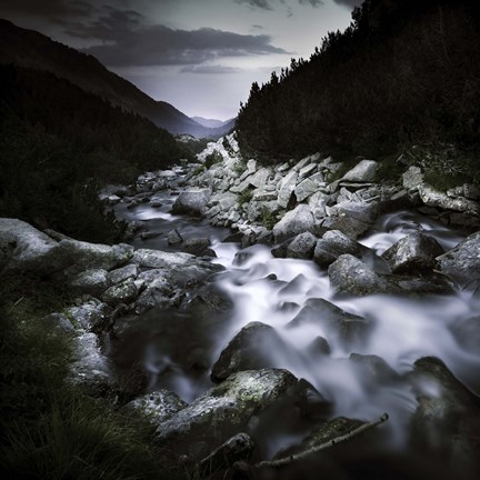 Framed Small river flowing over large stones in the mountains of Pirin National Park, Bulgaria Print