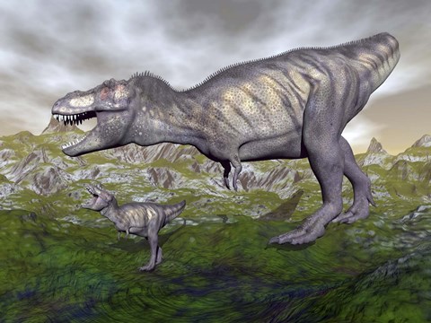 Framed Tyrannosaurus rex mother and offspring Print