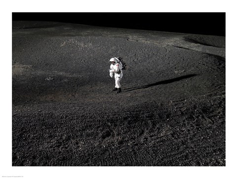 Framed Space Suit engineer simulates work inside a crater in Johnson Space Center&#39;s Lunar Yard Print