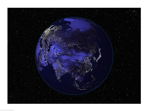 Framed Satellite view of Earth showing city lights at night Print