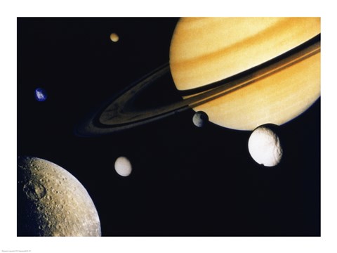 Framed Saturn and its Satellites.  Clockwise from right: Tethys, Mimas, Encleladus, Dione, Rhea &amp; Titan Print