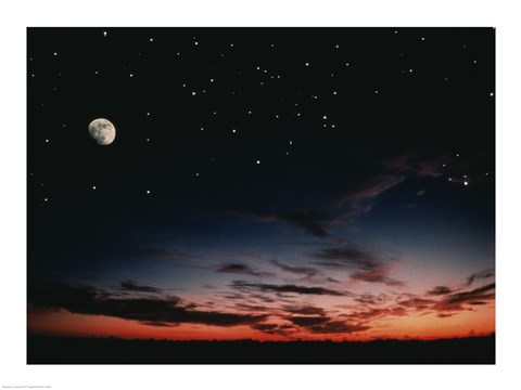 Framed Moon and stars in the sky at dusk Print