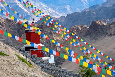 Framed Strings of prayer flags at Thiksey Monasterym Leh, Ladakh, India Print