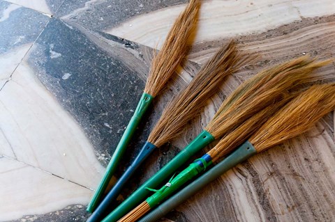 Framed India, Jammu and Kashmir, Ladakh, Leh, brooms in a Buddhist temple Print