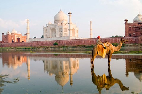 Framed Young Boy on Camel, Taj Mahal Temple Burial Site at Sunset, Agra, India Print