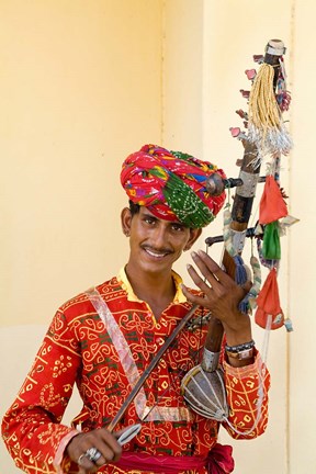Framed Young Man in Playing Old Fashioned Instrument Called a Sarangi, Agra, India Print