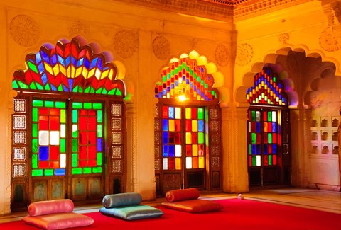 Framed Windows of colored glass, Mehrangarh Fort, Jodhpur, Rajasthan, India Print