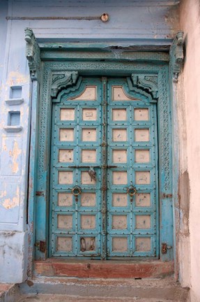 Framed Blue-painted door, Jojawar, Rajasthan, India Print