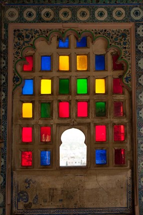 Framed Brightly colored glass window, City Palace, Udaipur, Rajasthan, India. Print