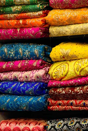Framed Colorful Sari Shop in Old Delhi market, Delhi, India Print