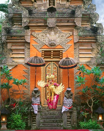 Framed Balinese Dancer Wearing Traditional Garb Near Palace Doors in Ubud, Bali, Indonesia Print