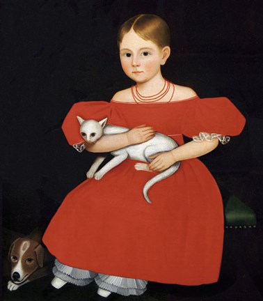 Framed Girl in Red Dress with Cat and Dog, 1830-1835 Print