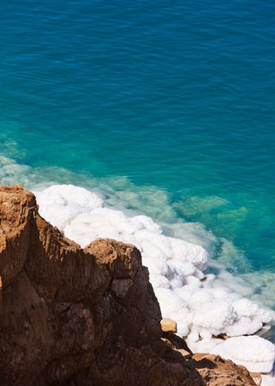 Framed Deposit of salt and gypsum by the cliff in Dead Sea, Jordan Print