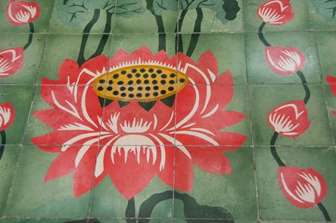 Framed Detail of temple lotus flower tile floor, Island of Penang, Malaysia Print