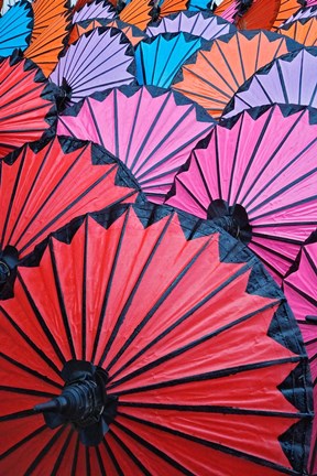 Framed Pattern of newly assembled decorative umbrellas drying in sun, Umbrella Making Center, Bo Sang, near Chiang Mai, Thailand. Print