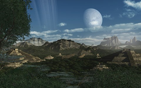 Framed Artist&#39;s concept of Mayan like ruins on a ringed planet Print