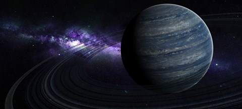 Framed Artist&#39;s concept of a blue ringed gas giant in front of a galaxy Print