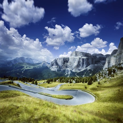 Framed Winding road in a forest of Dolomite Alps, Northern Italy Print