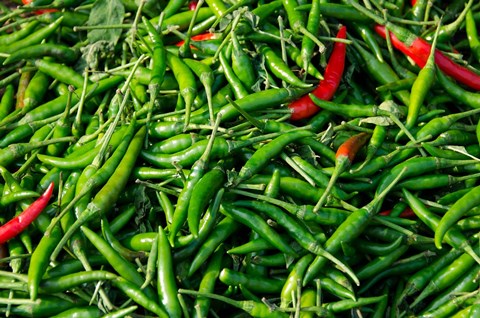 Framed Maeklong railroad tracks market, Thai peppers, Bangkok, Thailand Print
