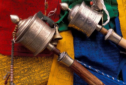 Framed Prayer Wheels and Flags, Lhasa, Tibet Print