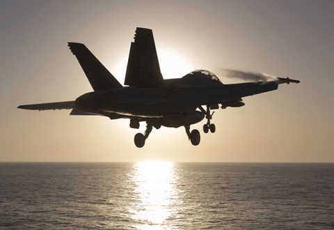 Framed F/A-18F Super Hornet in the Morning Sun over the Arabian Sea Print