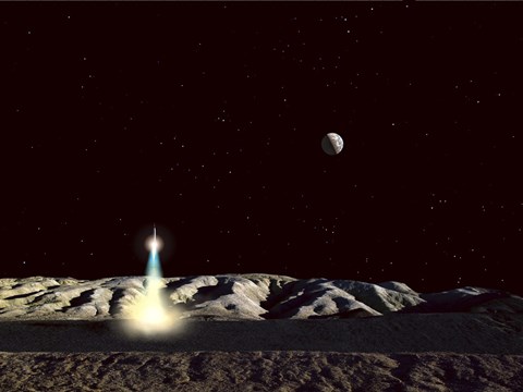 Framed Moonship Lifts Off from the Lunar Hills Print