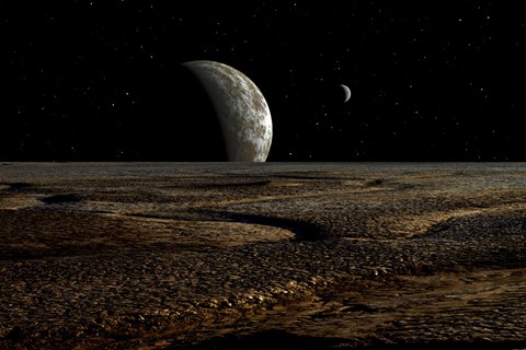 Framed Planet and its Moon are Dimly Lit by a Distant Sun Print