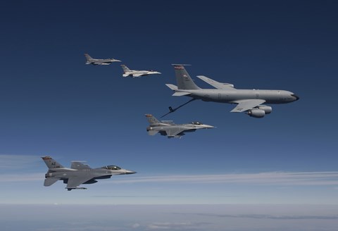 Framed Four F-16&#39;s and a KC-135 Fly in Formation over Arizona Print