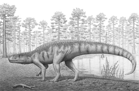 Framed Chirotherium Roams a Prehistoric Era Landscape Print
