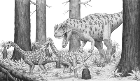 Framed Ceratosaurus Chasing Young Apatosaurus Dinosaurs Print
