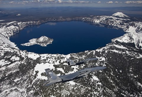 Framed Two F-15 Eagles Fly over Crater Lake in Central Oregon Print
