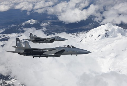 Framed Two F-15 Eagles Fly Past Snow Capped Peaks in Central Oregon Print