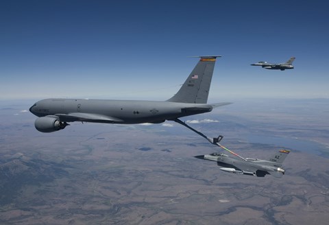Framed Two F-16 Fighting Falcons Conduct Aerial Refueling with KC-135 Stratotanker Print