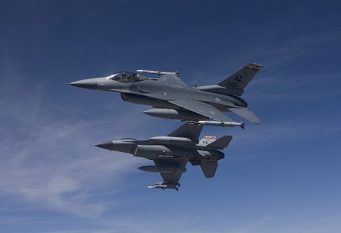 Framed Two F-16&#39;s Manuever on Air-to-Air Training Mission Print