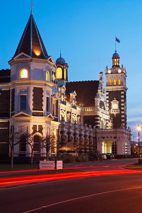 Framed Historic Railway Station at Dusk, Dunedin, South Island, New Zealand Print