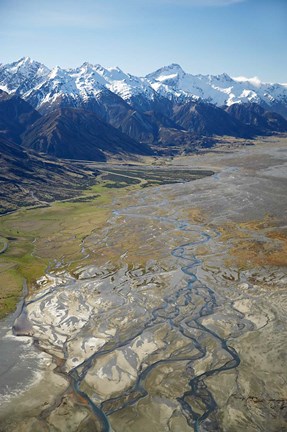 Framed Tasman River and Ben Ohau Range, near Mt Cook, South Canterbury, South Island, New Zealand Print