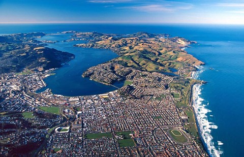 Framed Dunedin, Otago Peninsula Harbor and Pacific Ocean, New Zealand Print