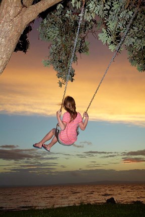 Framed Girl, Rope Swing, Family Fun, Thames, New Zealand Print