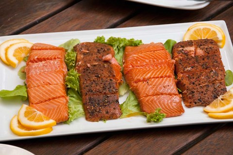 Framed Wine And Salmon Tastings, Nelson, South Island, New Zealand Print