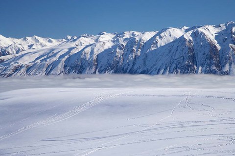 Framed Roundhill Ski Area with fog covered Lake Tekapo and the Hall Range, South Island, New Zealand Print