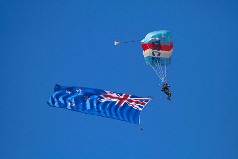 Framed RNZAF Sky Diving, New Zealand flag, Warbirds over Wanaka, South Island New Zealand Print