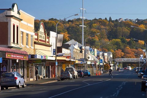Framed Shops on King Edward Street, Autumn, Dunedin, South Island, New Zealand Print