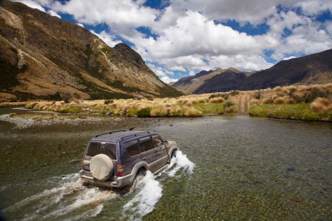 Framed 4WD crossing Mararoa River, Mavora Lakes, Southland, South Island, New Zealand Print