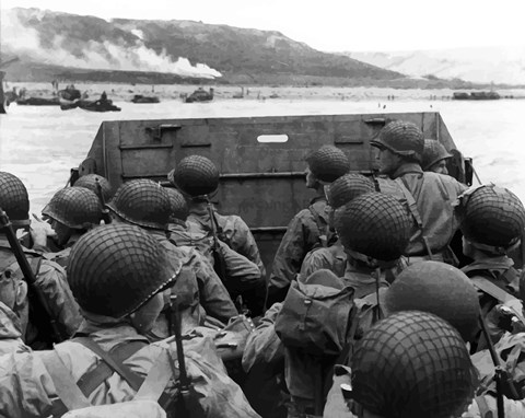 Framed American troops in Landing Craft Print