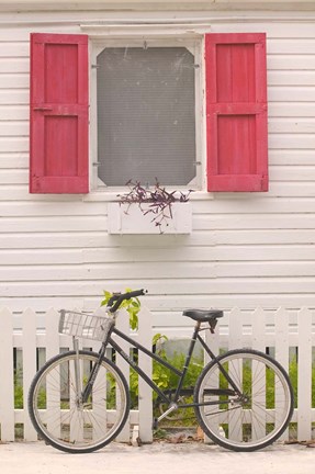 Framed Beach House and Bicycle, Loyalist Cays, Bahamas, Caribbean Print