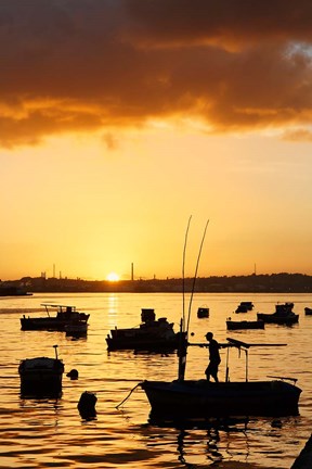 Framed Boats silhouetted at sunrise, Havana Harbor, Cuba Print