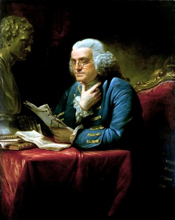 Framed Benjamin Franklin seated at a desk Print