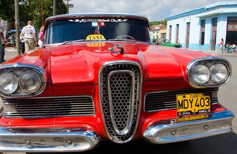 Framed Classic 1950s Edsel parked on downtown street, Cardenas, Cuba Print