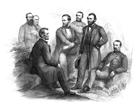 Framed Digitally Restored Civil War artwork of Abraham Lincoln and His Commanders Print