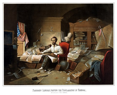 Framed President Lincoln Writing the Emancipation Proclamation Print